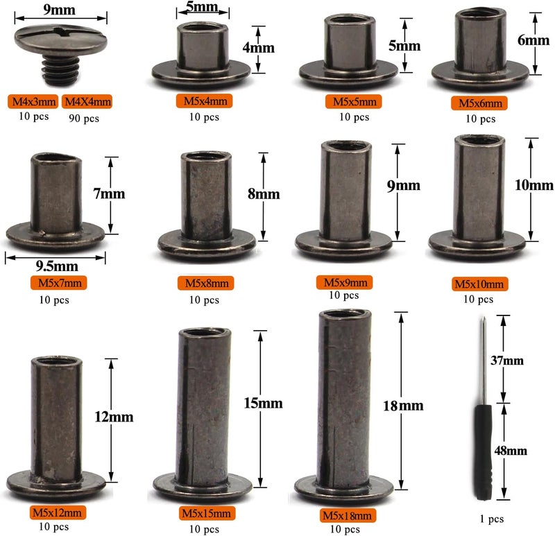 ALLOYPRO 100 Sets Chicago Screws with Screwdriver 3/16" Leather Rivets 10 Sizes Assorted Screw Rivets M5 Binding Screws for Decorate and Repair Leather Craft Belt Bookbinding Bag Shoes Purse Black - Image 2